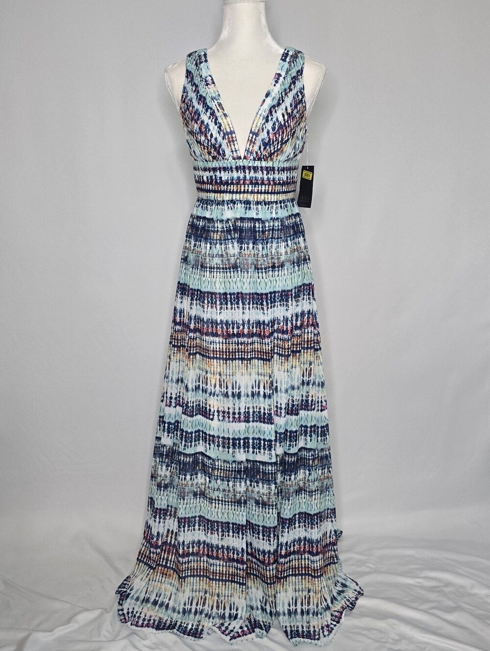 Aidan by Aidan Mattox Blue Multi Painted Chiffon Maxi Dress Gown